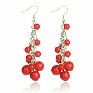 Hand Crafted Red Mashan Jade Gemstone Beads Silver Plated Dangle Chain Earrings